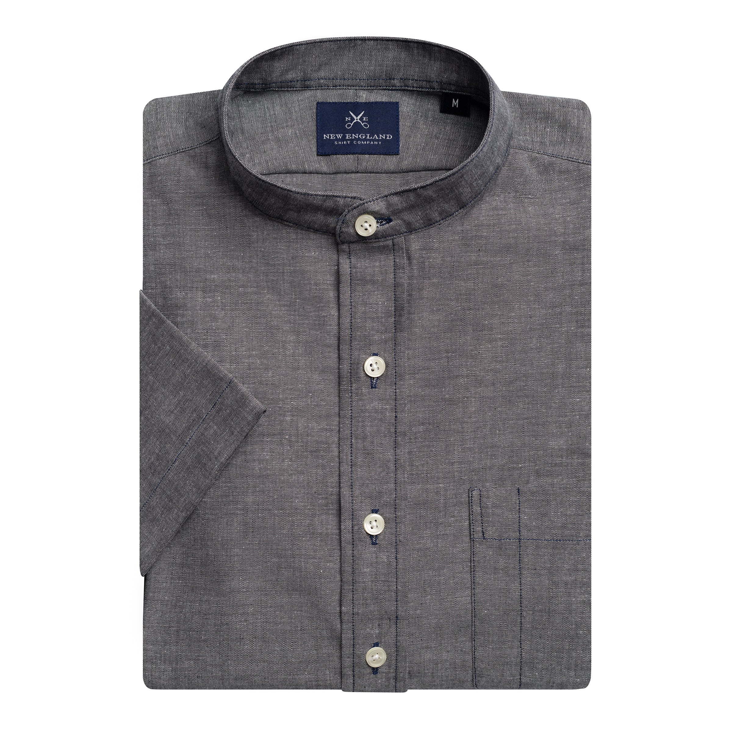 CHAMBRAY BANDED COLLAR SHORT SLEEVE POPOVER SHIRT - GREY
