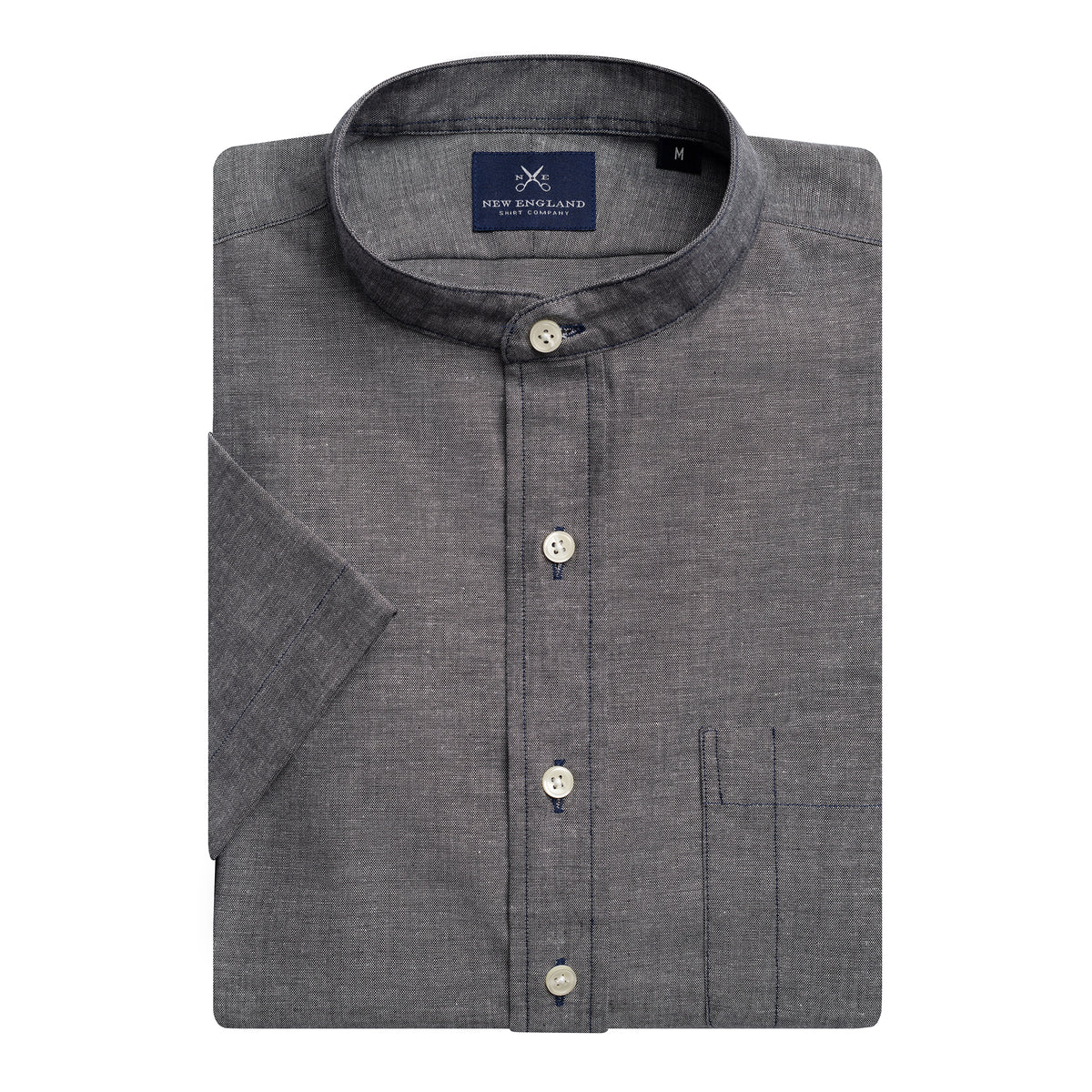CHAMBRAY BANDED COLLAR SHORT SLEEVE POPOVER SHIRT
