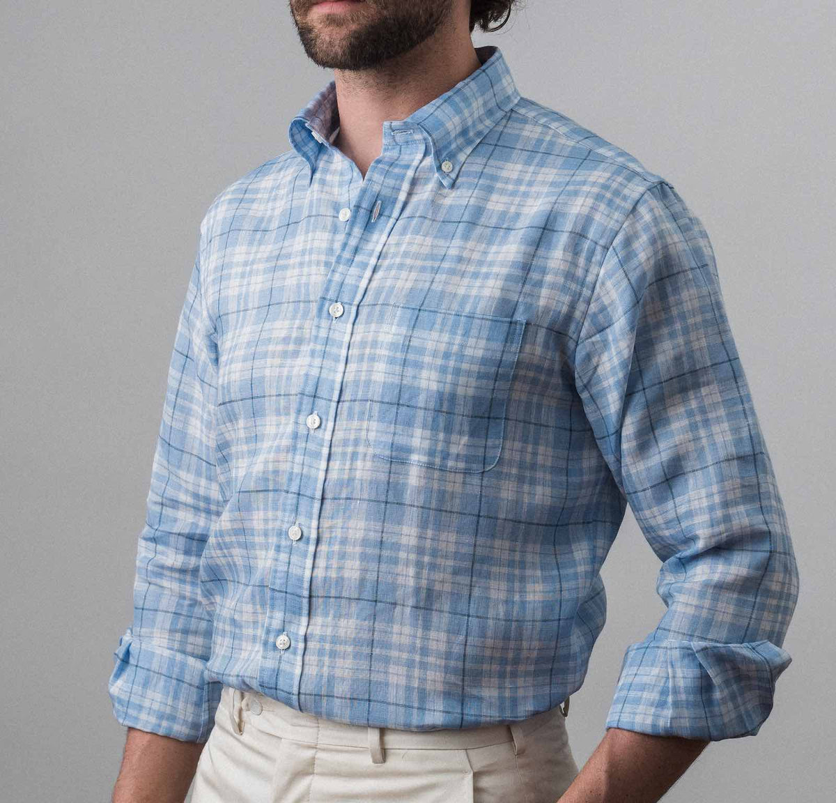 Bristol Button-down Multi-Blue Plaid Linen Sport Shirt