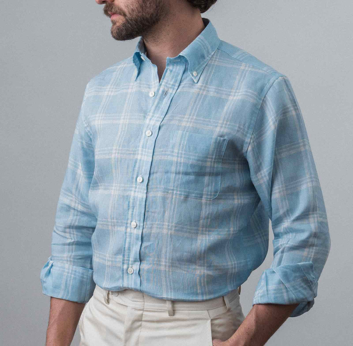 Bristol Button-down Sky Blue Plaid Linen Sport Shirt