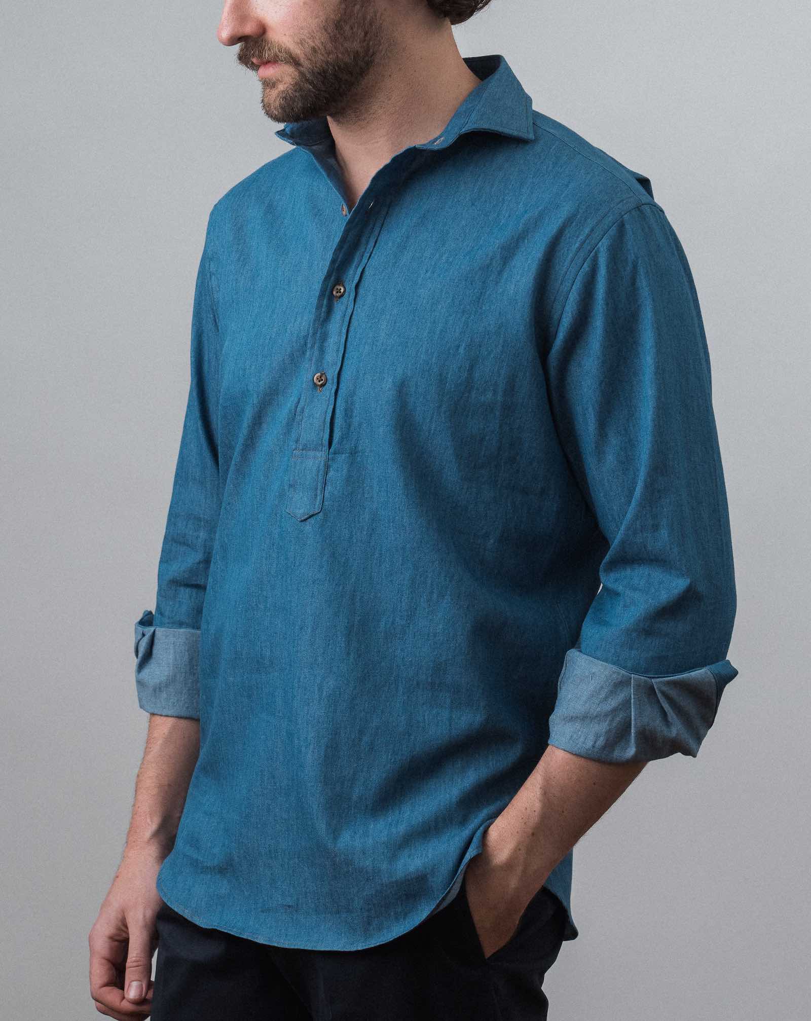 DENIM POPOVER SPORT SHIRT - LIGHT INDIGO – NewEnglandShirtCo
