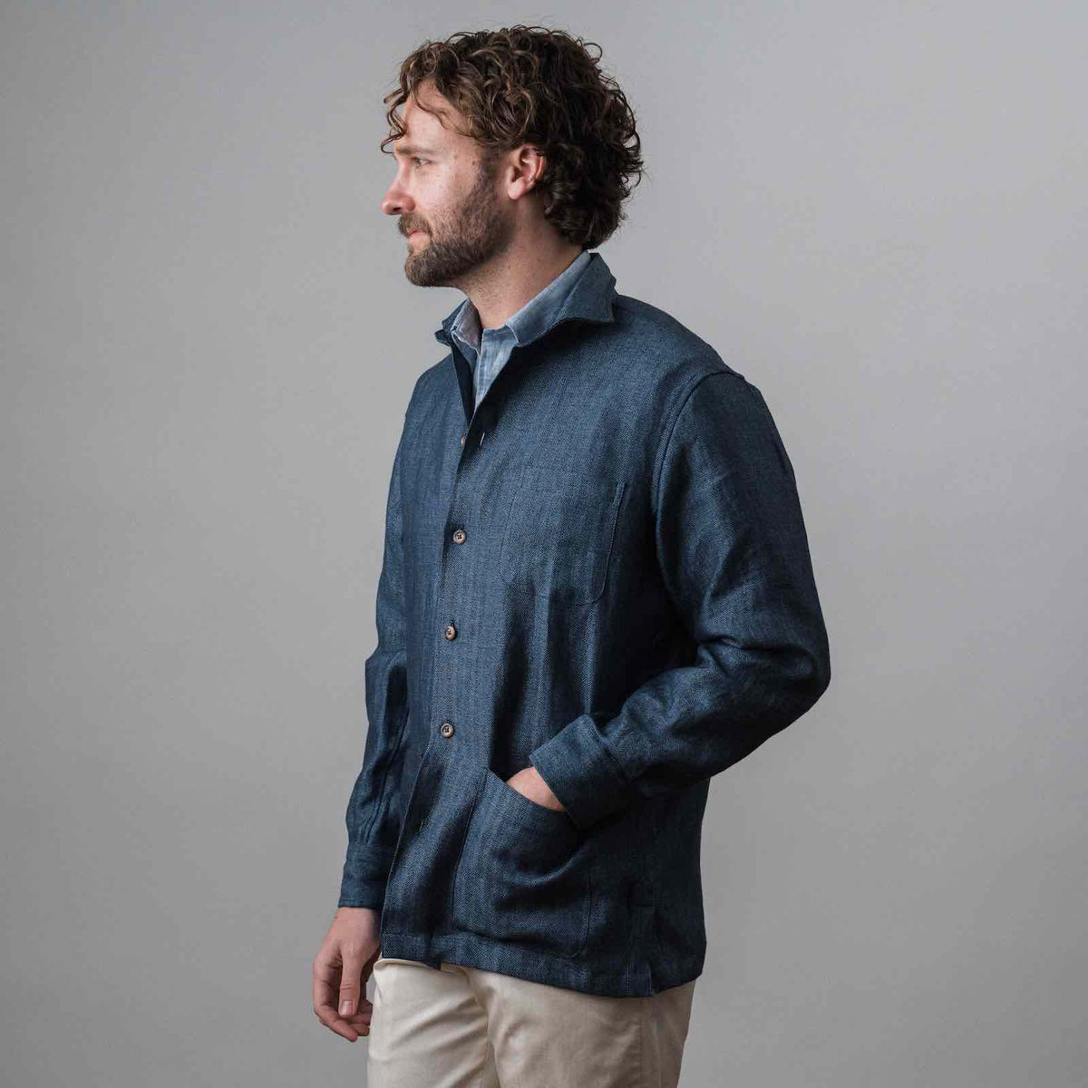 Herringbone Indigo Denim Linen Wye Shirt Jacket