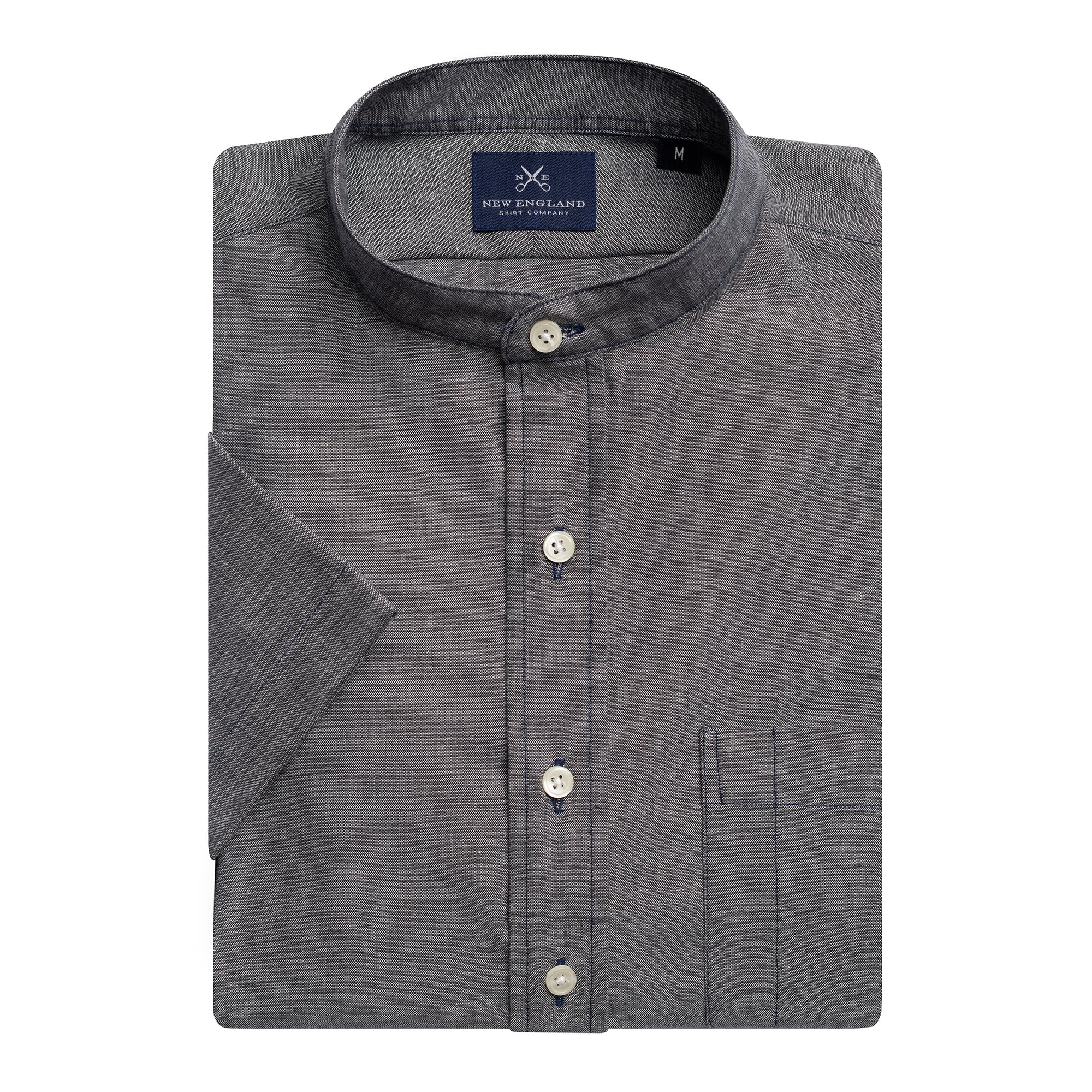 CHAMBRAY BANDED COLLAR SHORT SLEEVE POPOVER SHIRT CHAMBRAY BANDED COLLAR SHORT SLEEVE POPOVER SHIRT