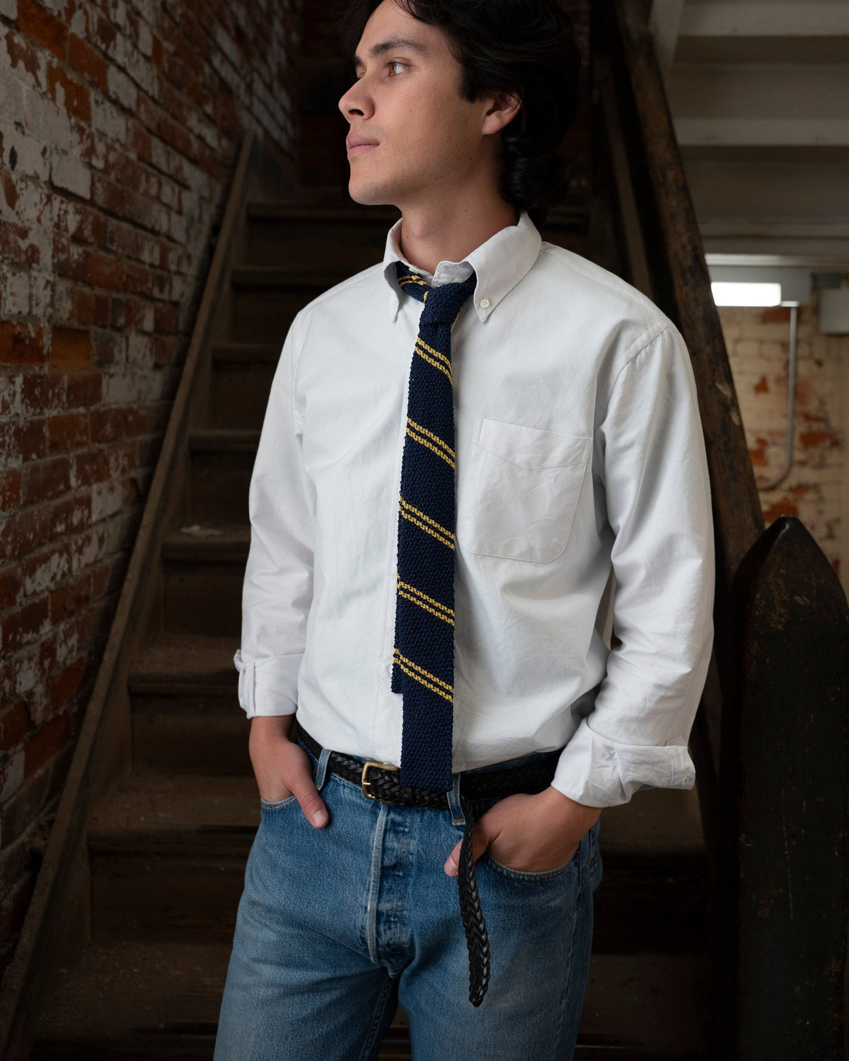 Made in USA White Oxford Cloth Button Down.  Worn with tie.  Styled with Denim.