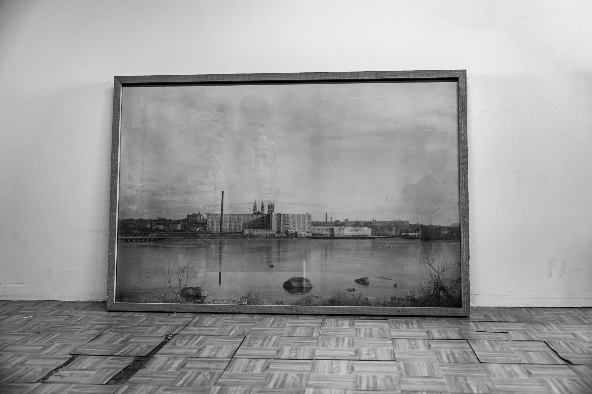 Made in USA Factory with large wooden framed print showing Fall River, MA Tower Mill.