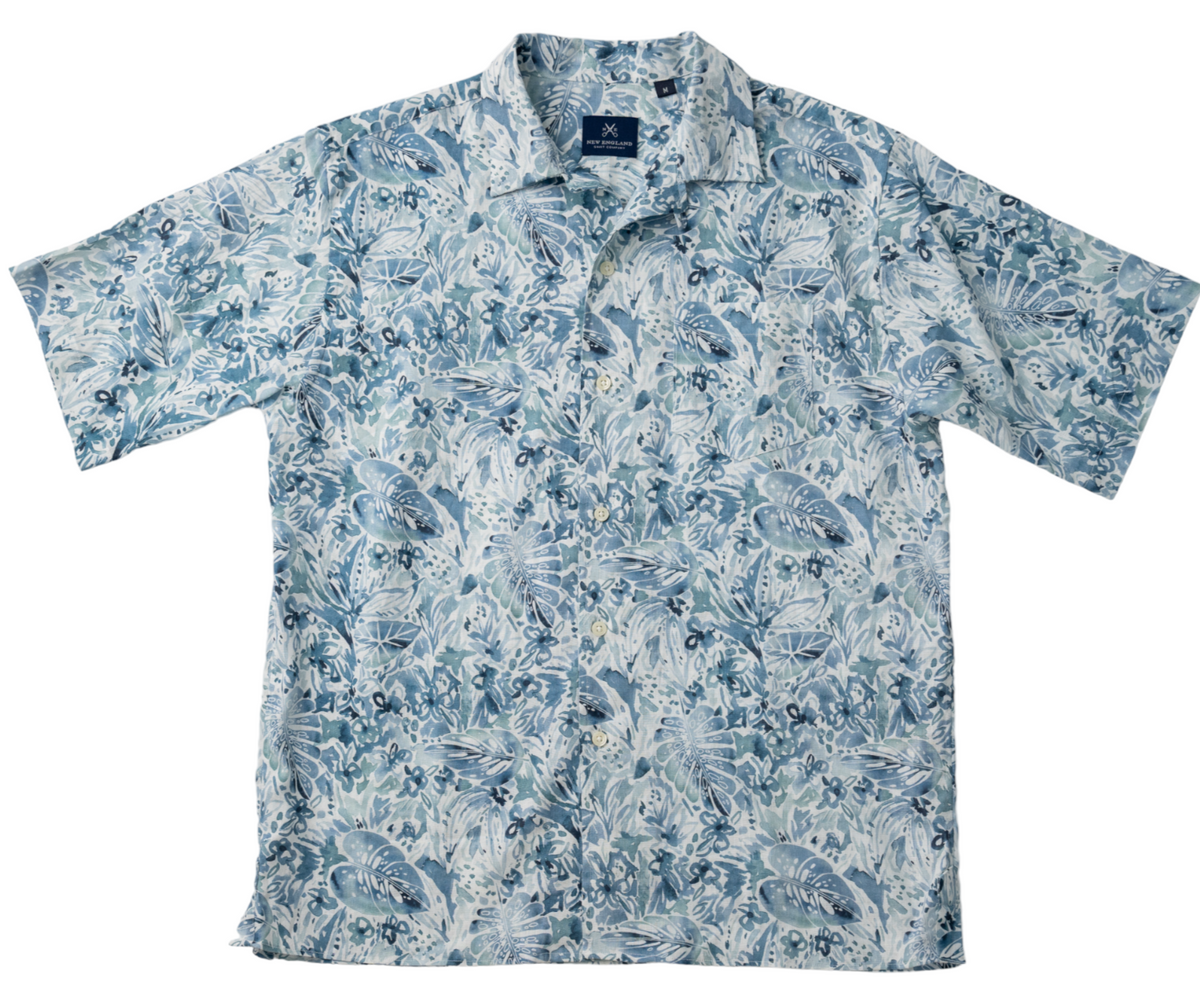 Short Sleeve Blue Floral Linen Camp Shirt