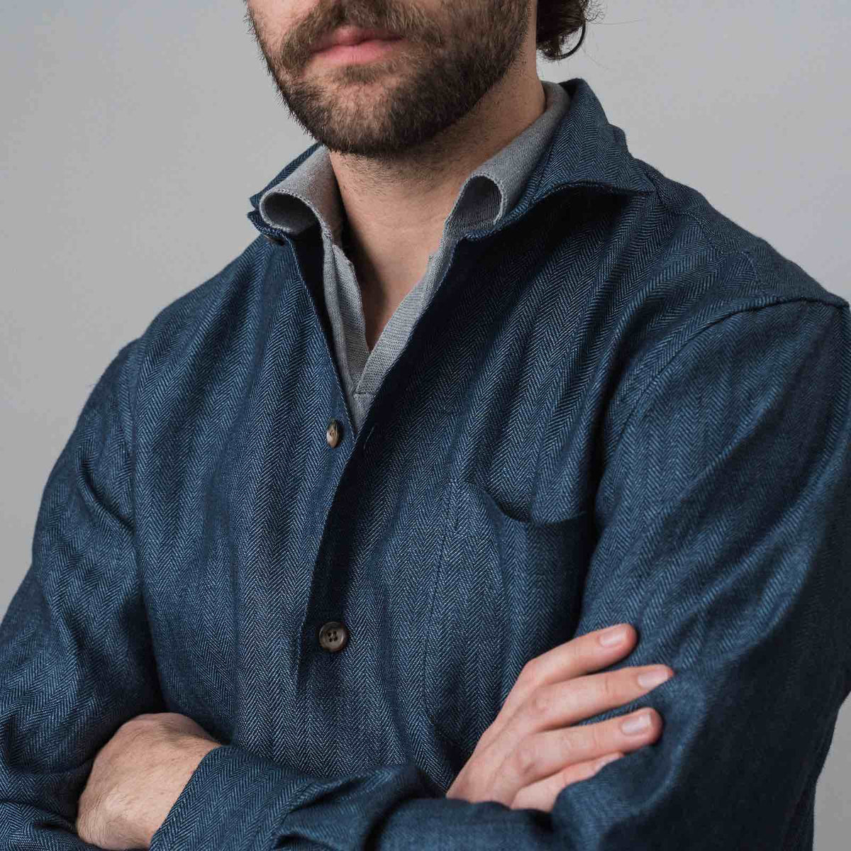 Herringbone Indigo Denim Linen Wye Shirt Jacket